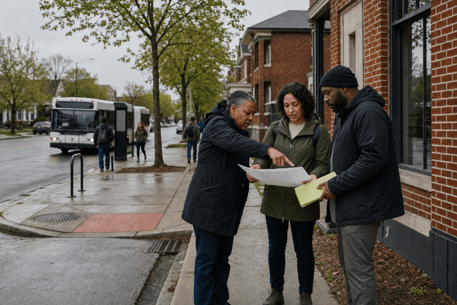 Editorial illustration of residents and collaborators reviewing a place-based plan on a Detroit block