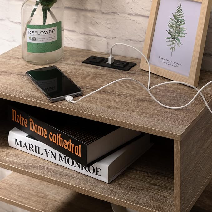 Elegant floating nightstand with charging station with ample storage space and a timeless design.