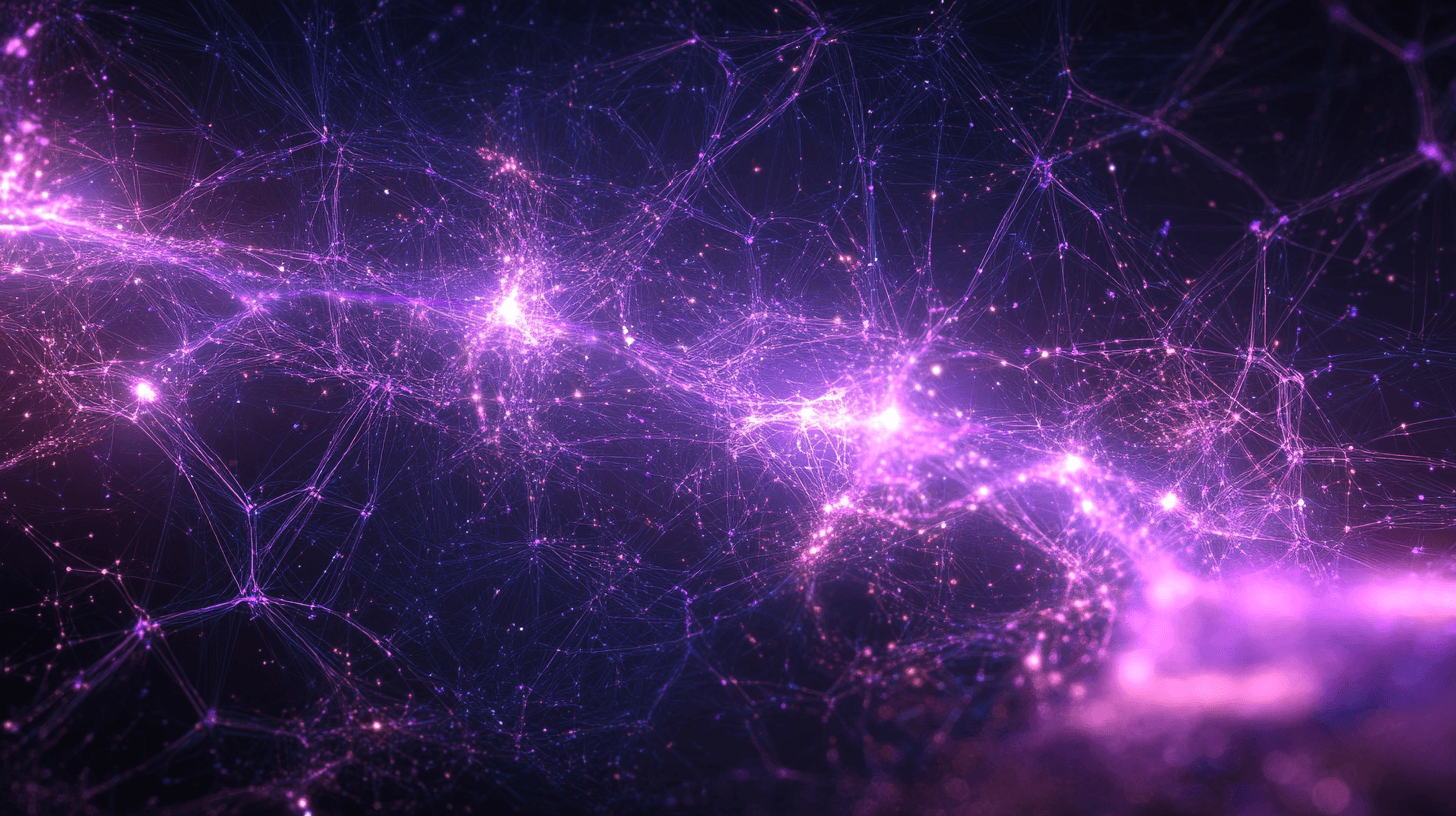 Visualization of quantum internet, showing interconnected nodes with light beams representing data transfer, abstract network structure, dark purple background with glowing elements, highly detailed digital art