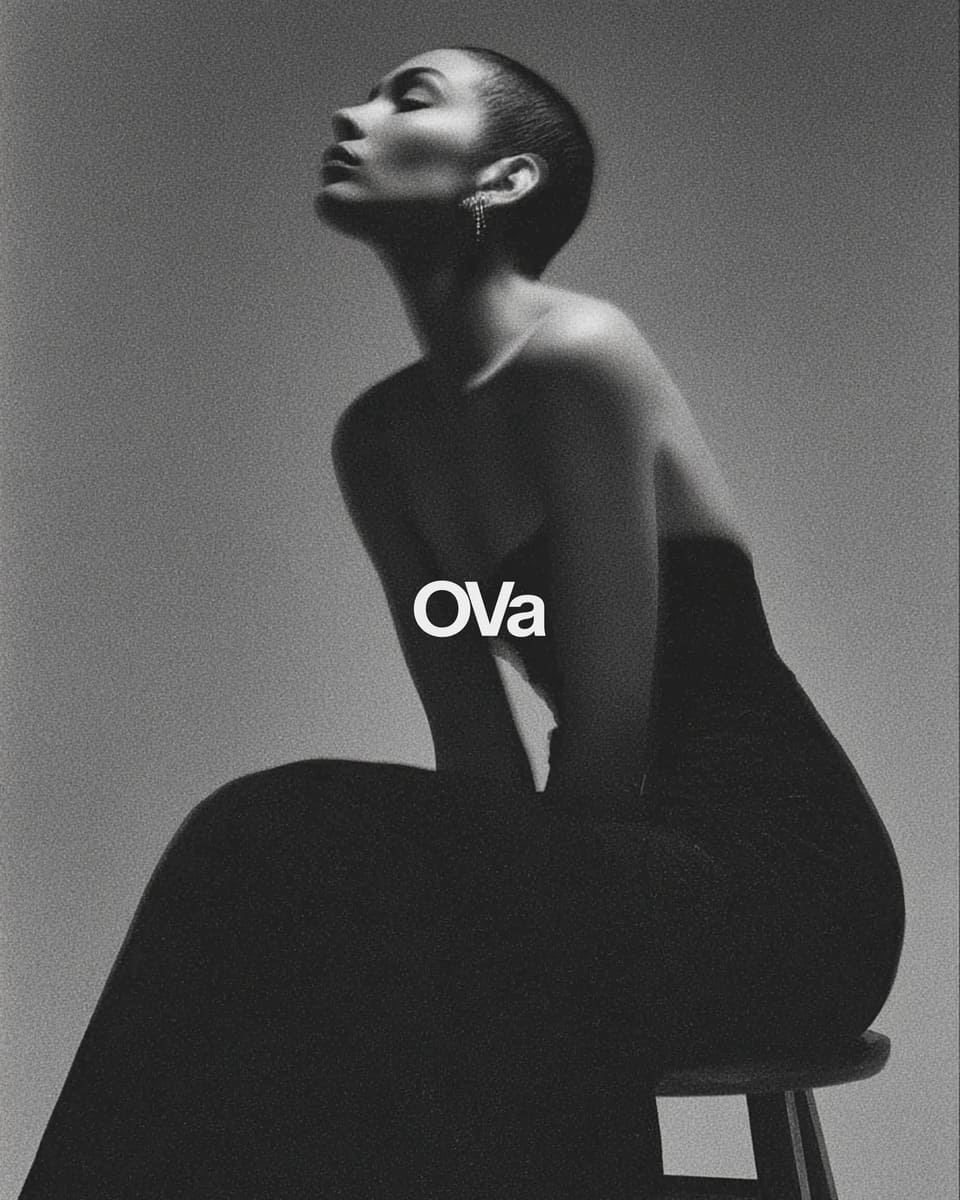 Photo of a model with the logo of OVa.