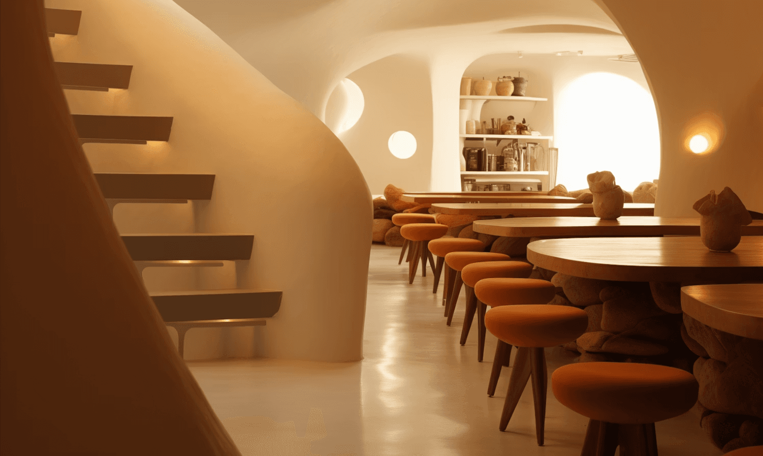 Warm minimalist café with curved walls and stools.