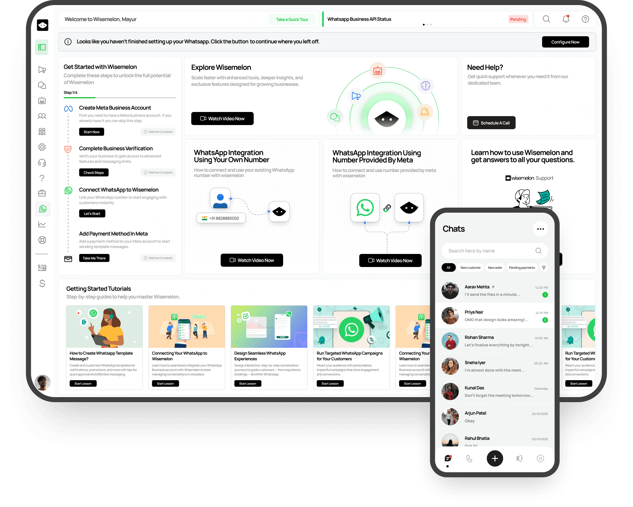 Wisemelon dashboard enabling WhatsApp Coexistence with automation, campaigns, and WhatsApp Business API integration