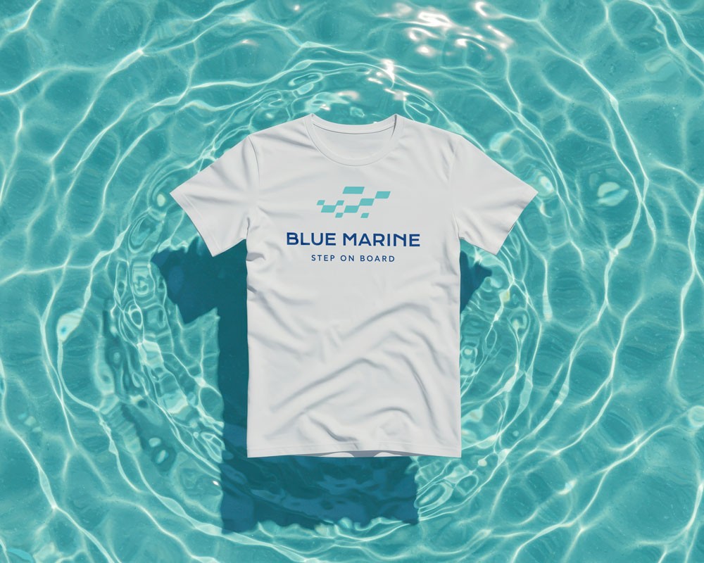 Branded apparel design for Blue Marine, translating the identity into a luxury summer context