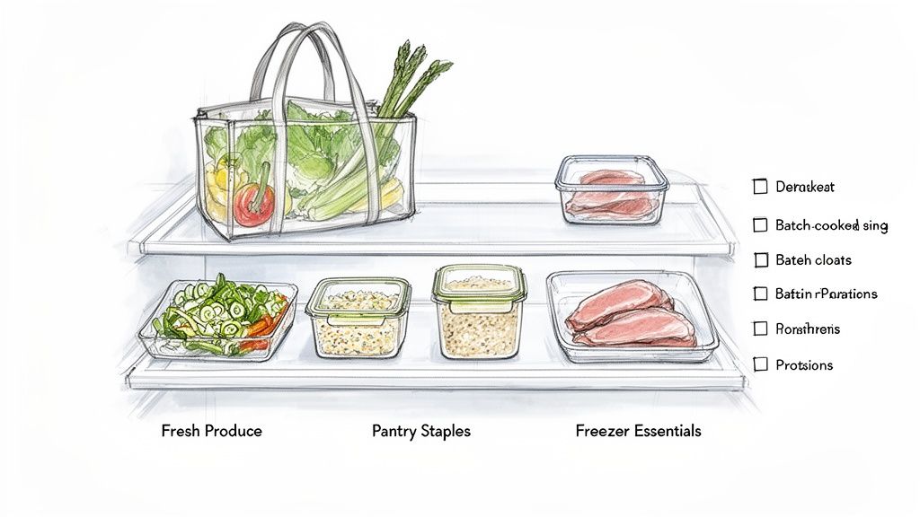 Organized refrigerator shelves with fresh produce, pantry staples, and freezer essentials in clear containers.