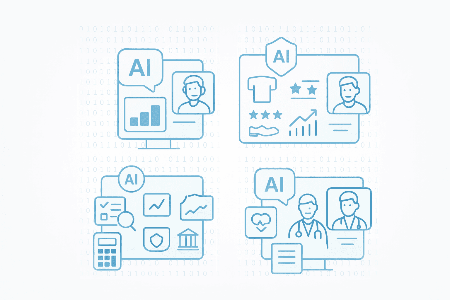 AI analytics vector illustration in light blue featuring dashboards, insights, enterprise data, and medical AI systems