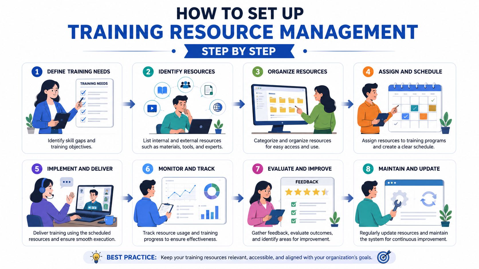 An infographic showing eight steps for effective training resource management in a corporate business environment setting.
