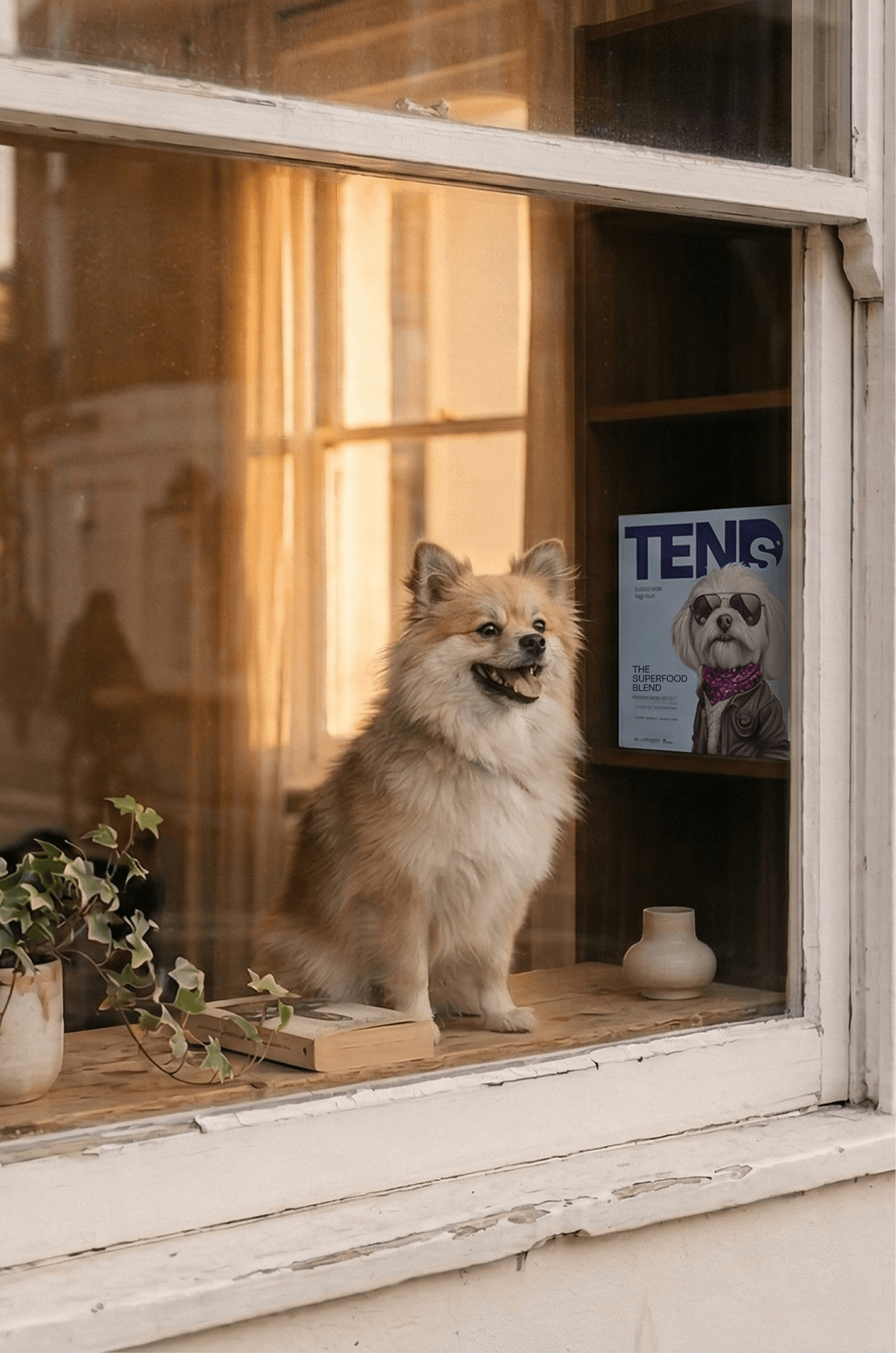 Small fluffy Pomeranian dog standing by a window in warm indoor light, with a TENDS Superfood Blend dog food bag displayed on a shelf beside it
