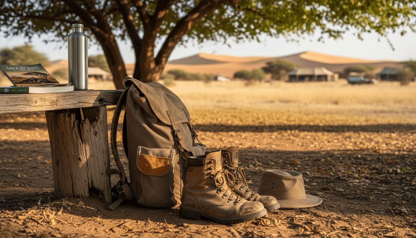 Essential walking safari gear under tree