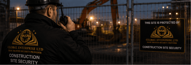 Construction site security officer monitoring access points and perimeter fencing on a high-value development project.