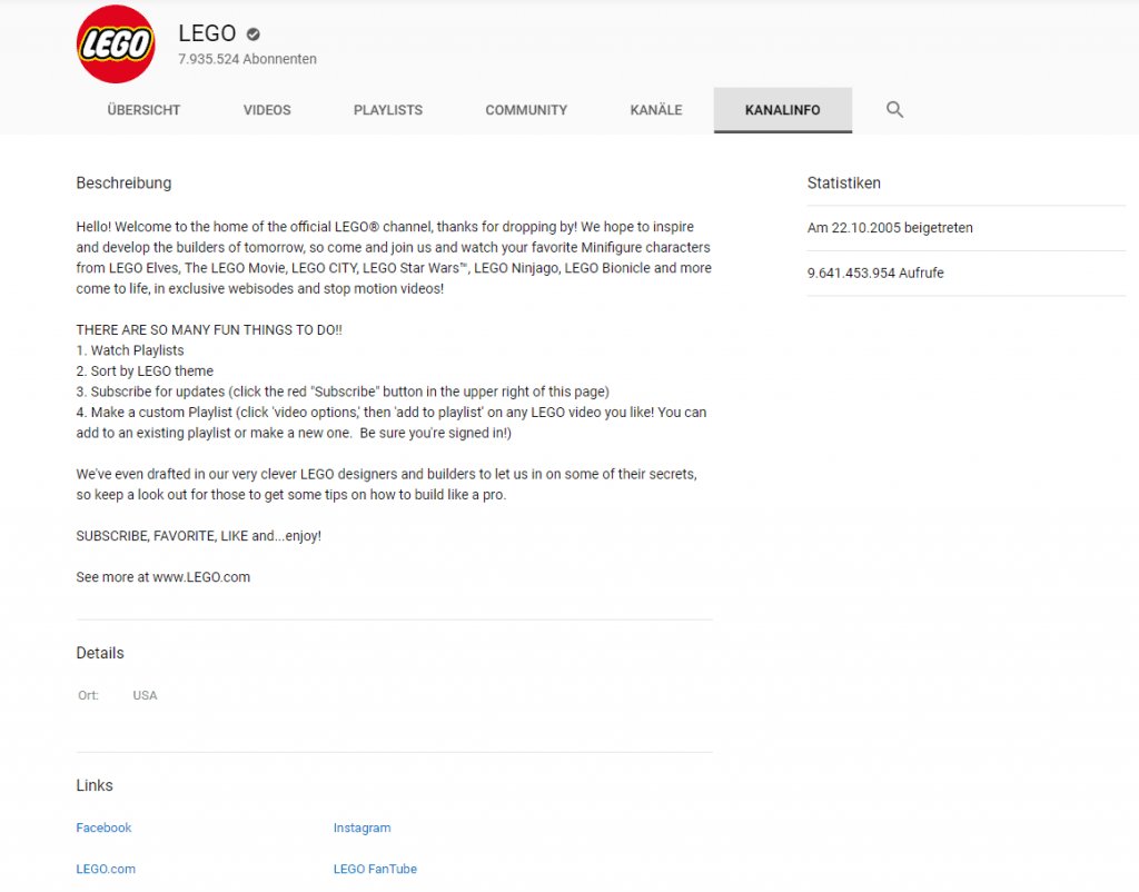 Kanalbeschreibung des YouTube Kanals von Lego