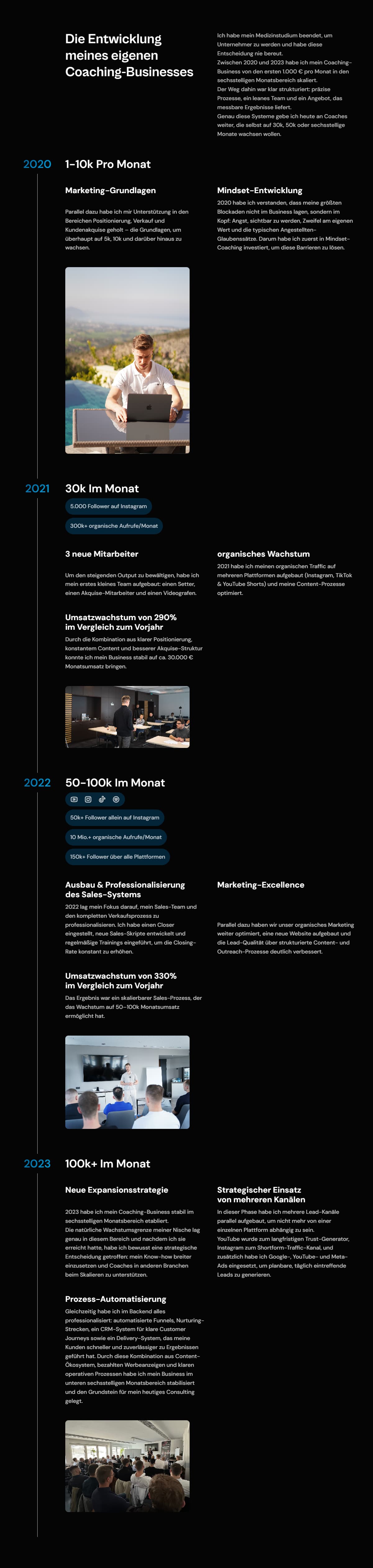 eine Sektion einer Website mit Dark-mode-hintergrund