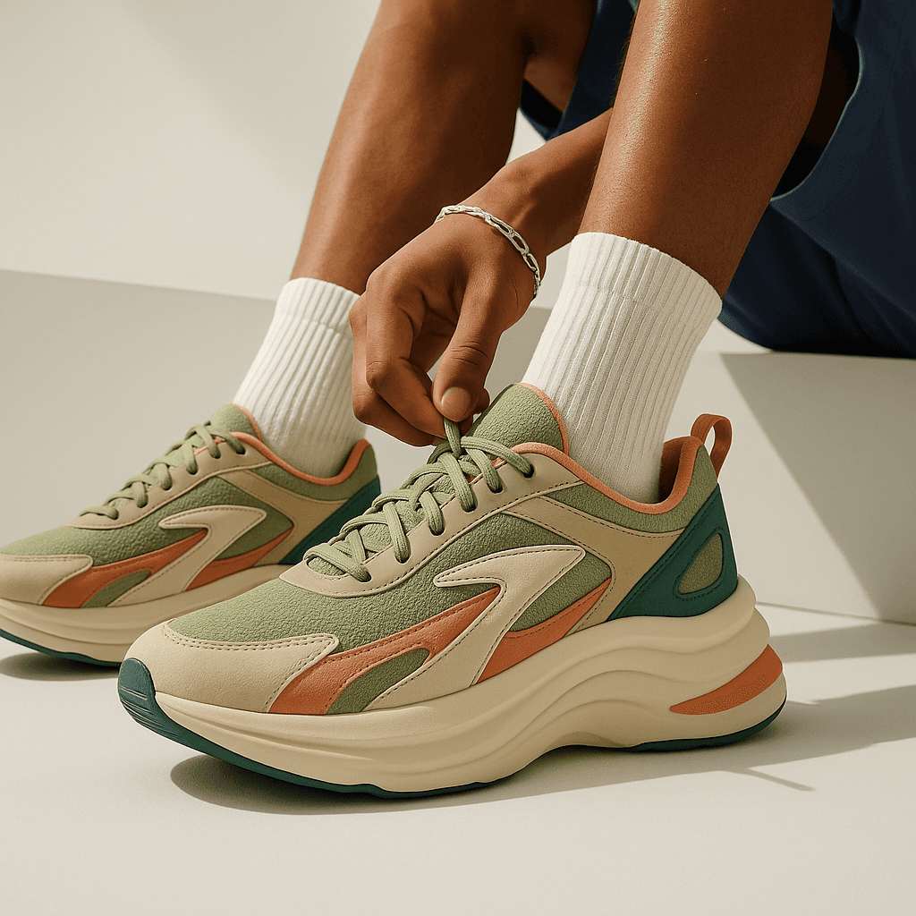 Close-up of stylish women’s chunky sneakers in soft green, beige, and orange tones, worn by a woman indoors with bright natural lighting.