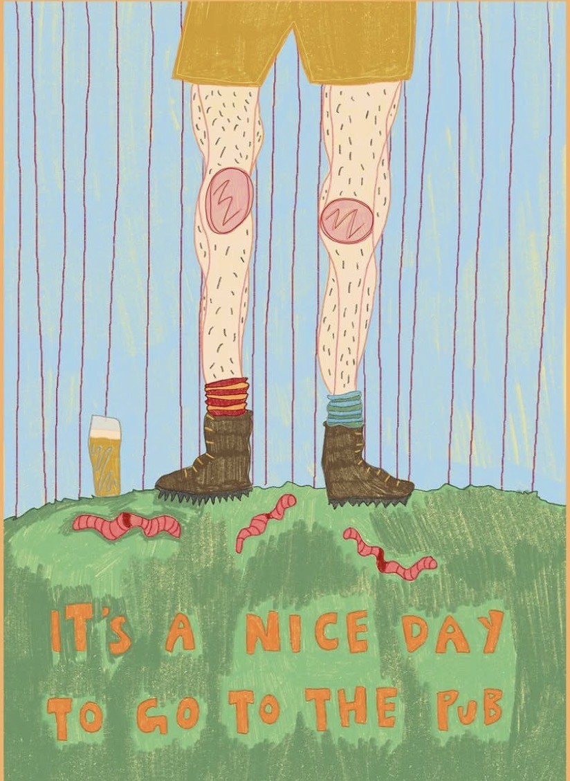 Illustrated poster reading It’s a nice day to go to the pub