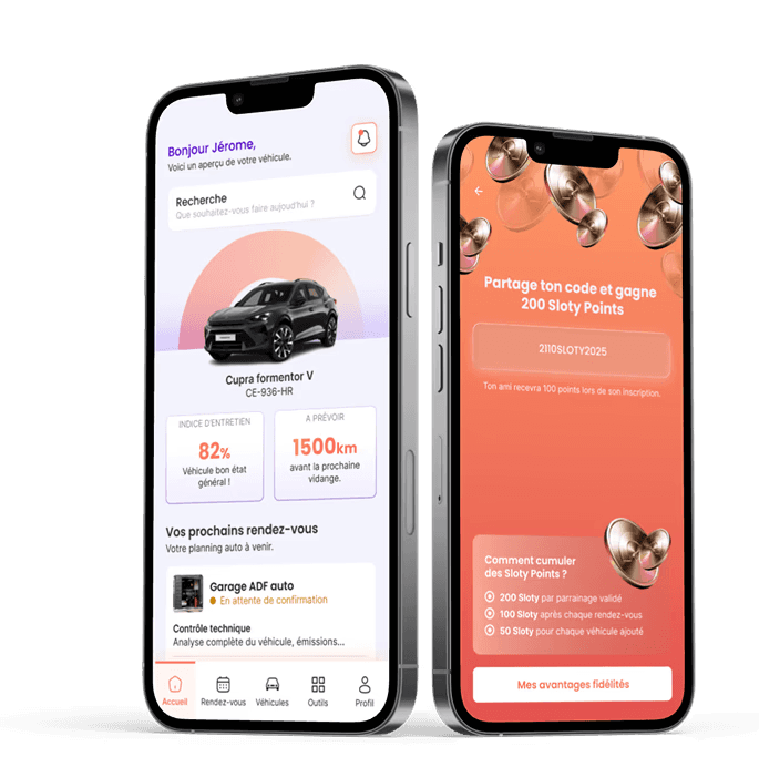 Application Sloty affichant le suivi d’entretien d’un véhicule, les échéances et les rendez-vous auto - liste d'attente
