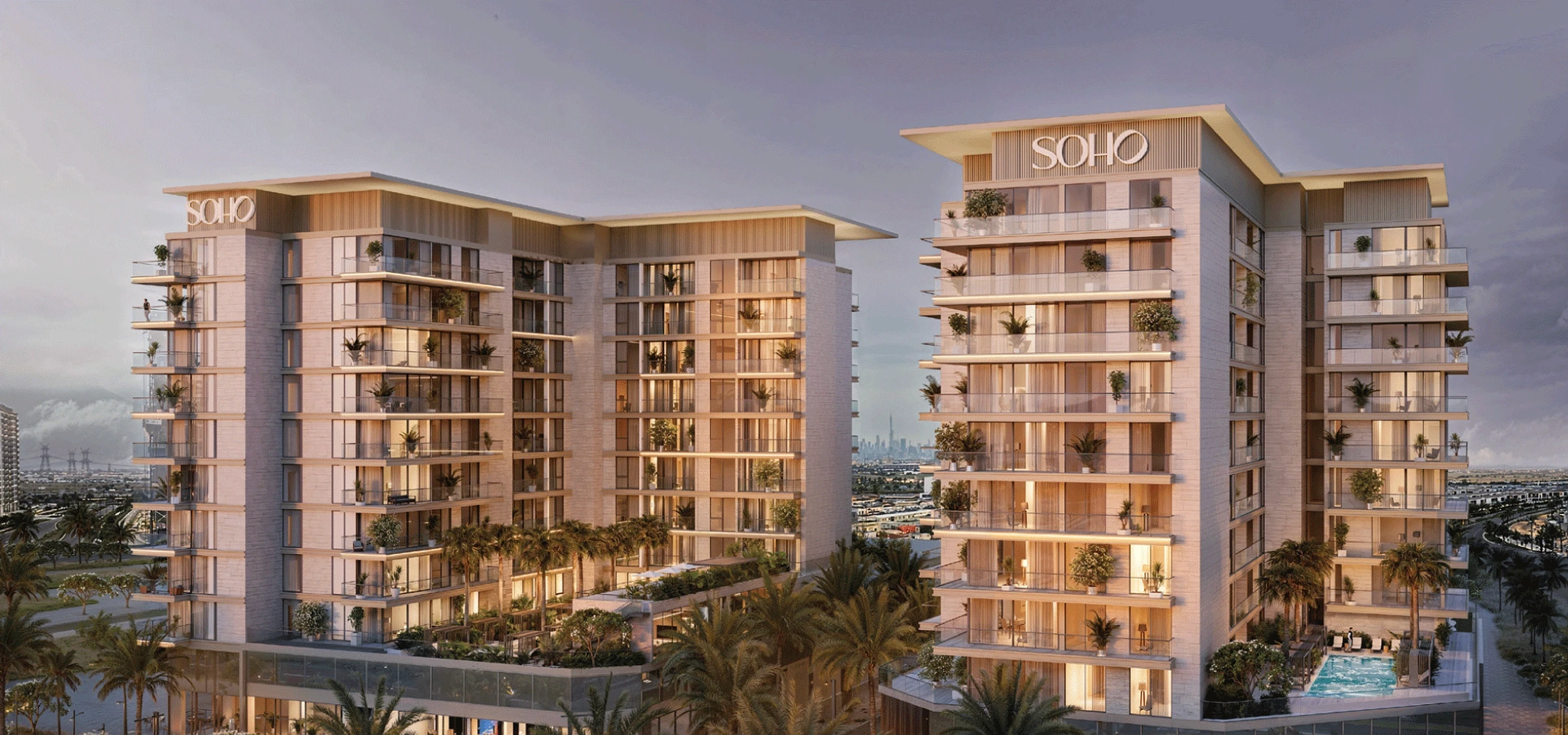 Architectural rendering depicting two high-rise apartment buildings located in Berkeley, highlighting their design and structure.