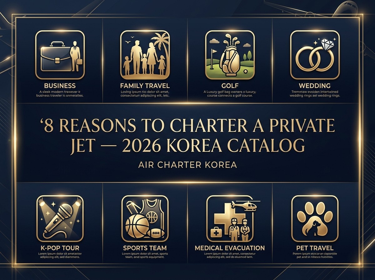 Private jet booking catalog 8 use cases — business family golf K-pop medical Air Charter Korea 2026