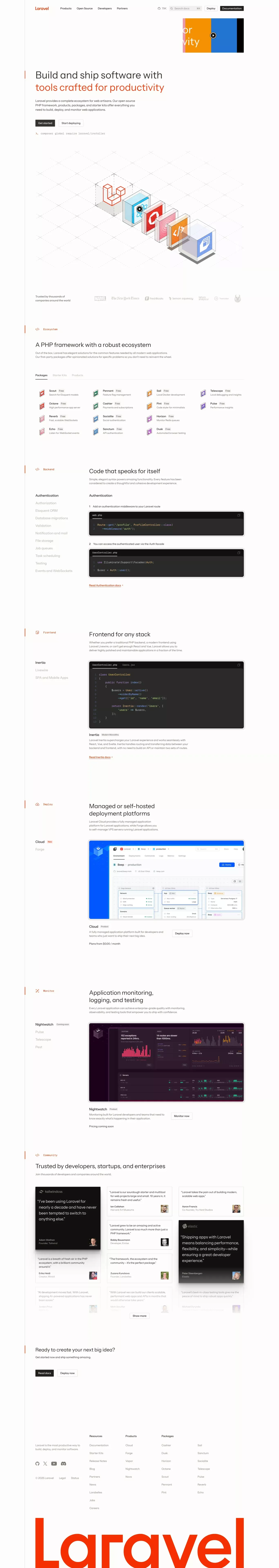 Laravel - The PHP Framework For Web Arti landing page screenshot showcasing Tech design