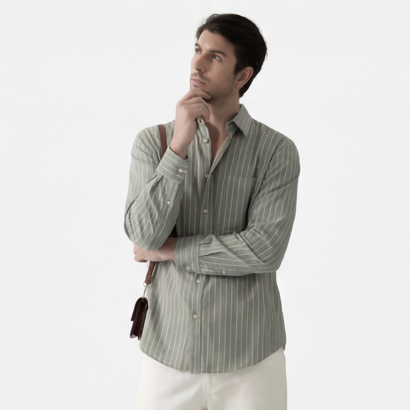 Olive Striped Shirt with Cream Trousers