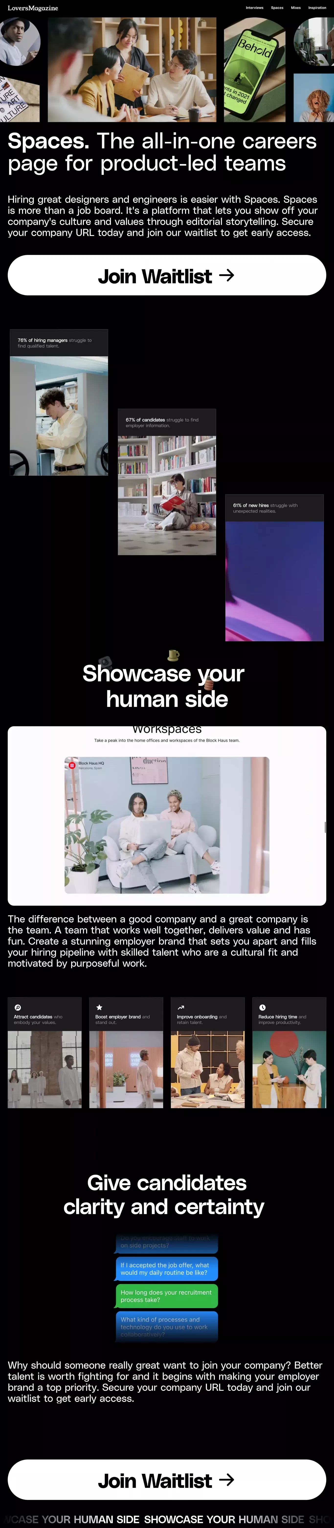 Spaces by Lovers Magazine landing page screenshot showcasing Design and HR design