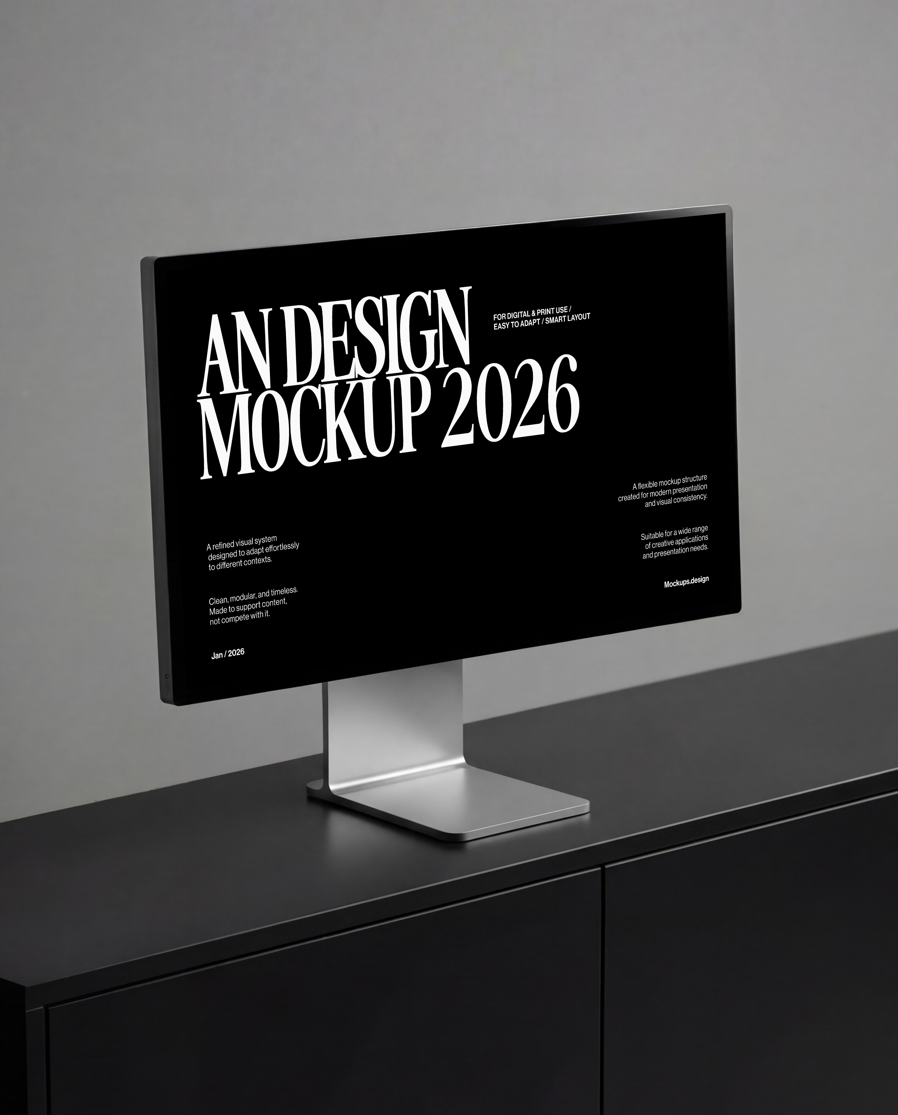Display mockup on dark sleek background, realistic setup