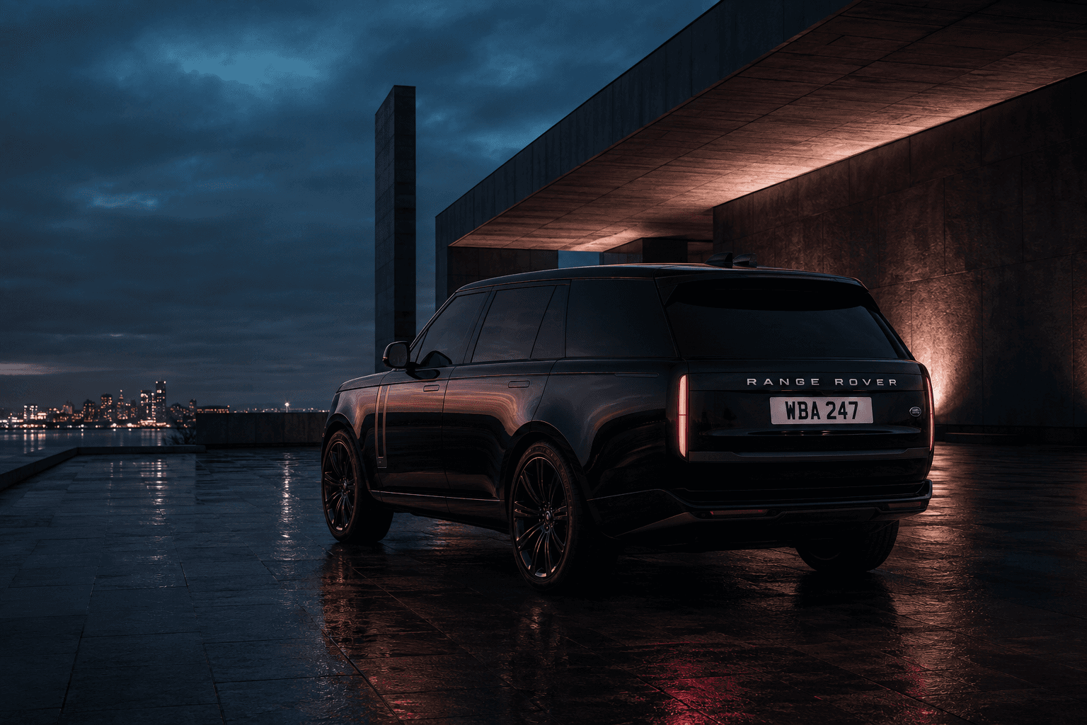 Black Range Rover with fictional WBA 247 plate at blue hour