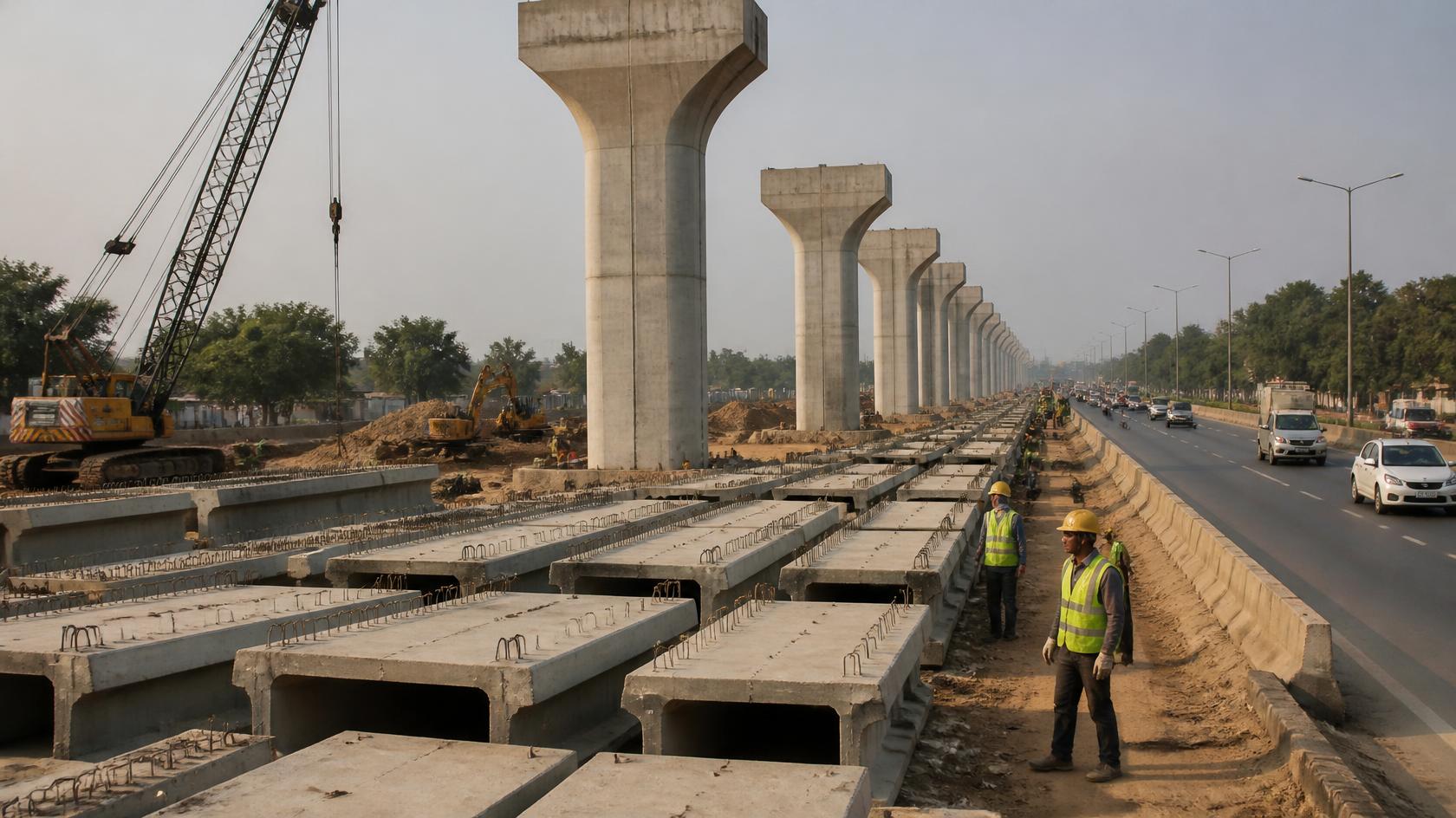 Metro viaduct piers and precast concrete segments under construction beside an Indian highway, illustrating rising cement demand.