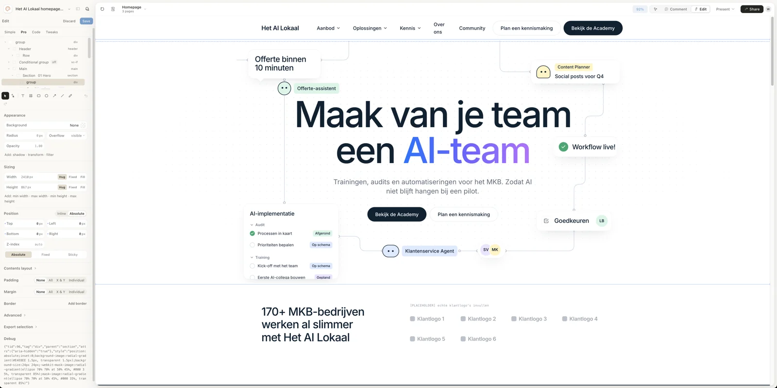 Het Edit-paneel van Claude Design naast het homepage-ontwerp, met lagen, Appearance, Sizing, Position, Padding en Margin