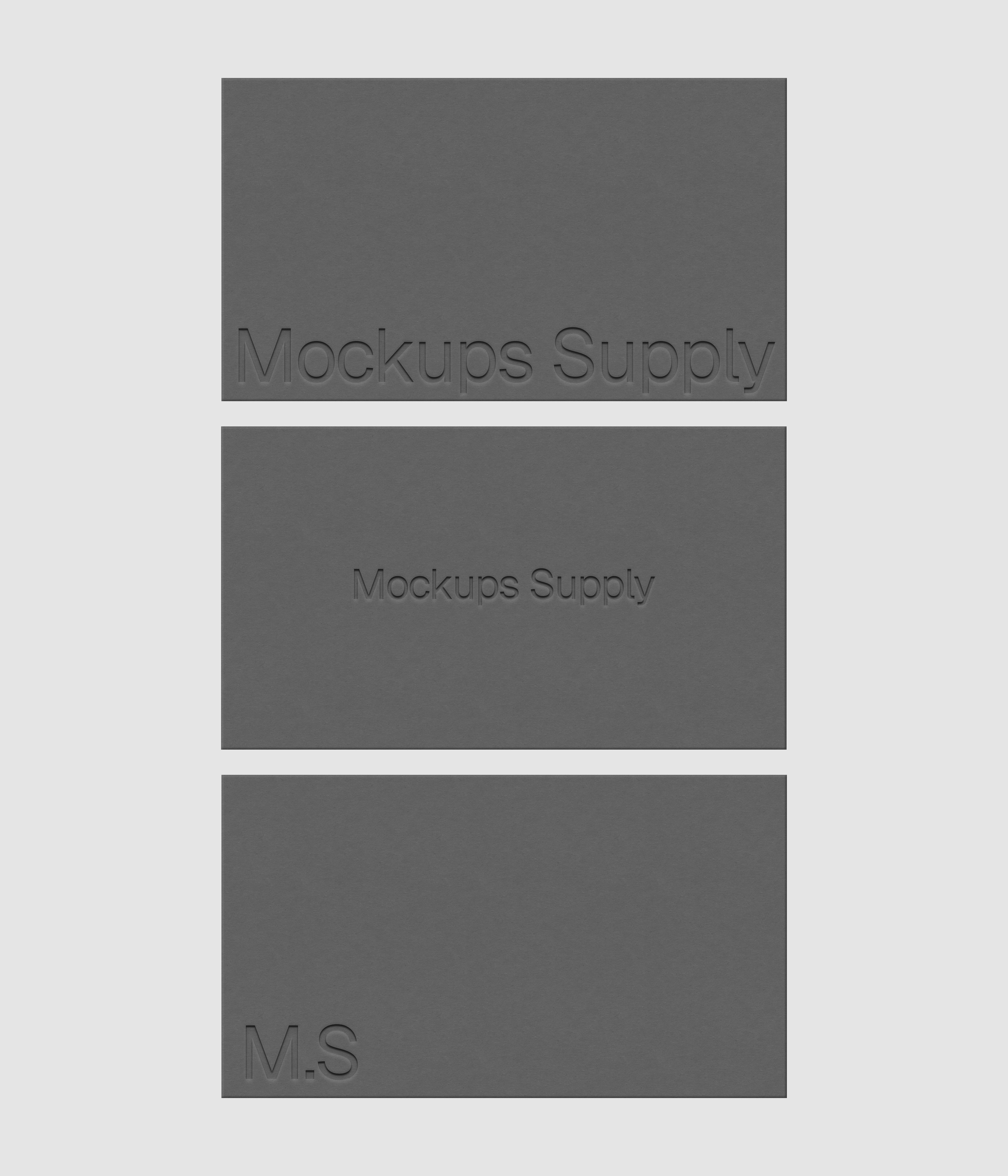 Three business cards mockup PSD US Canada with debossed logo and soft shadow, gray cards on white background, clean modern stationery mockup for brand identity