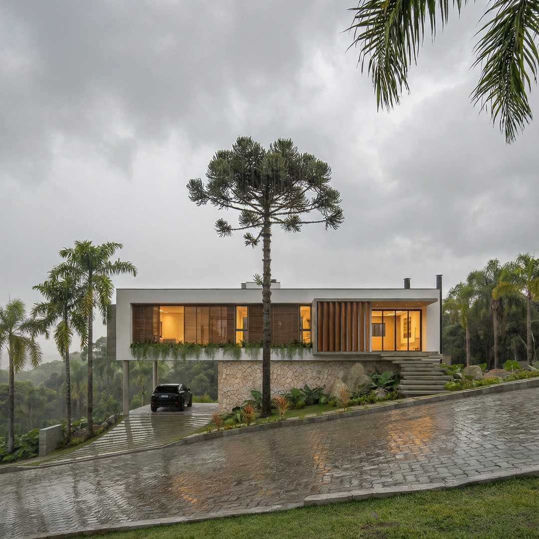 Mesma casa em dia de chuva, com as luzes acesas
