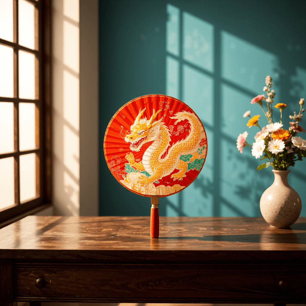 product photography of a round handheld fan with a cute dragon design