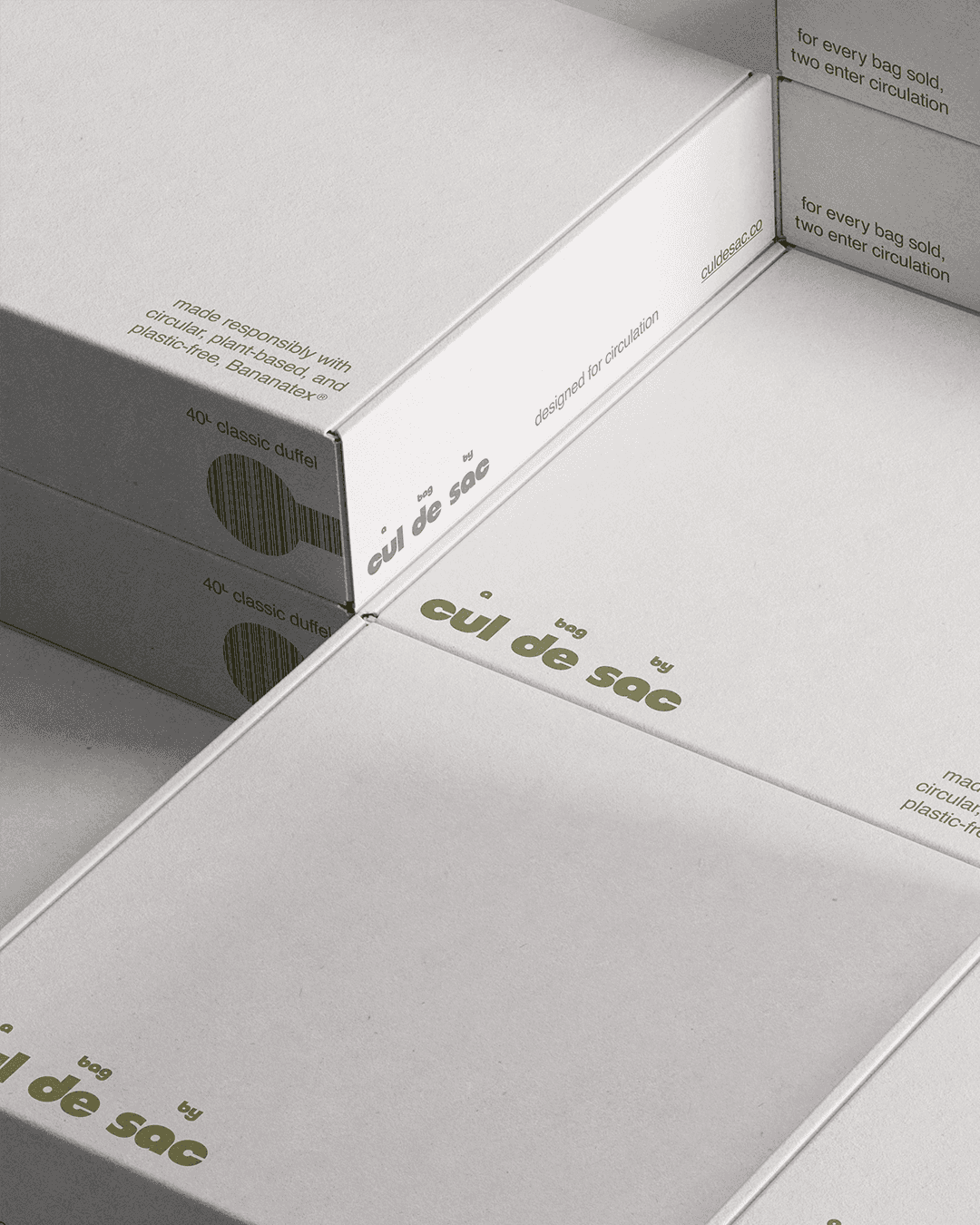 cul de sac packaging design showing the wordmark and brand messaging applied to shipping boxes