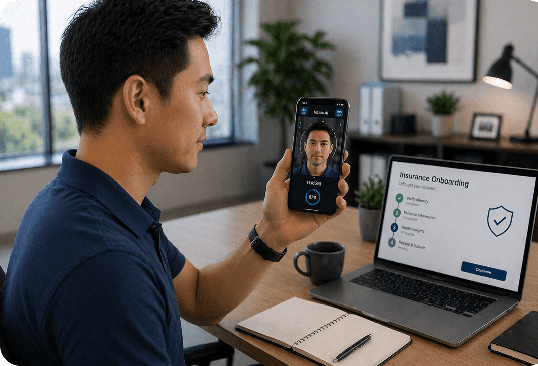 Man conducting a remote biometrics vitals scan on a insurance onboarding session