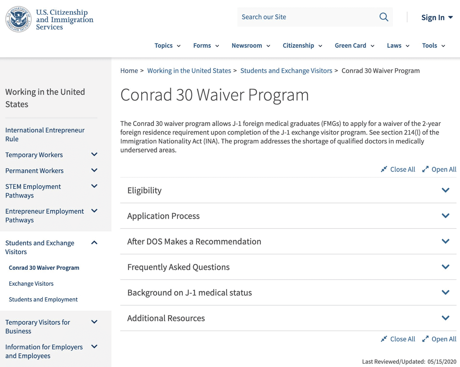 Screenshot of the Conrad 30 Waiver Program webpage. Image Source: US Citizenship and Immigration Services