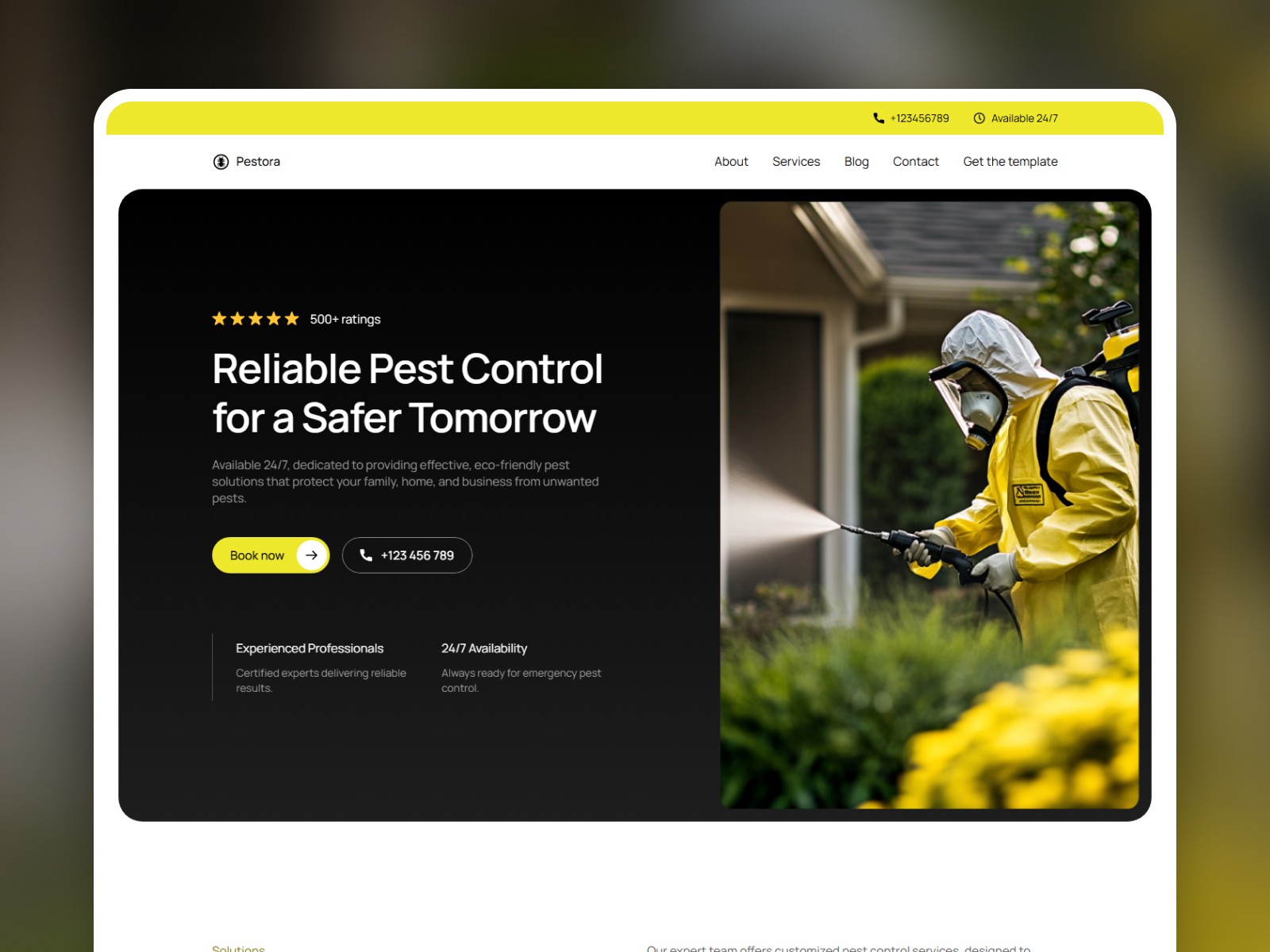 Pestora Framer template homepage hero reading "Reliable Pest Control for a Safer Tomorrow" on yellow background