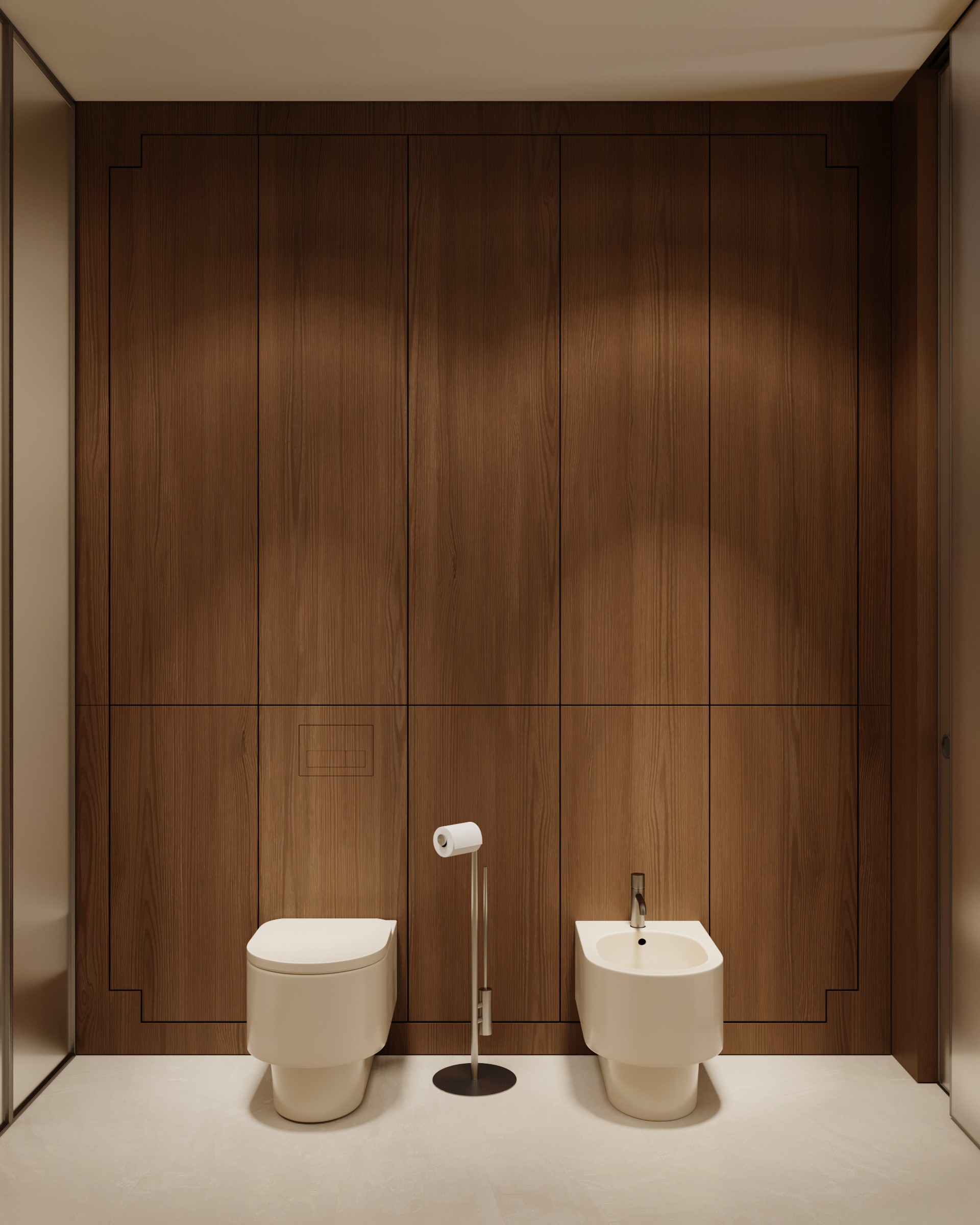 Modern restroom with two white toilets against a sleek wooden wall, featuring minimalist design elements.