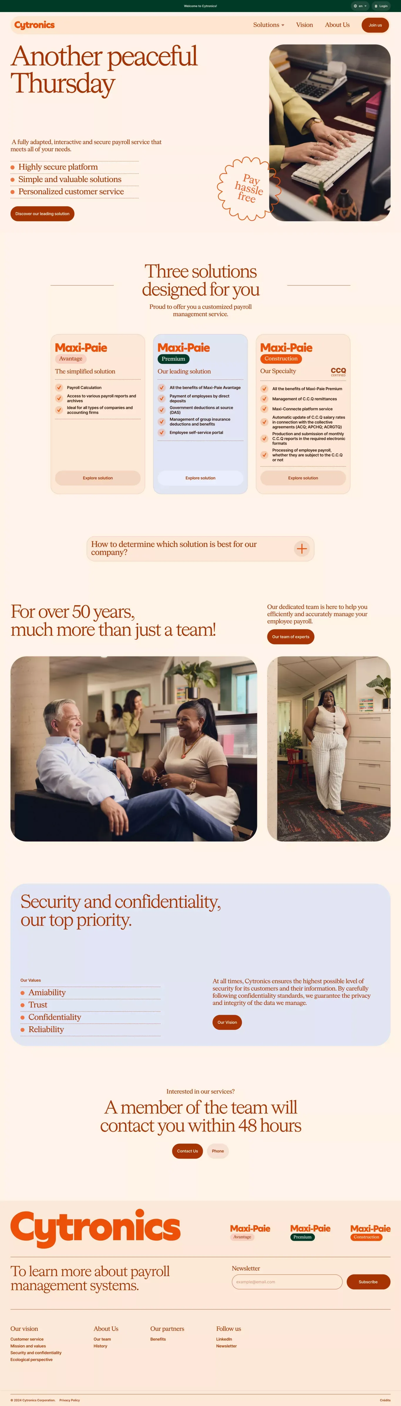 Cytronics landing page screenshot showcasing Finance and HR design