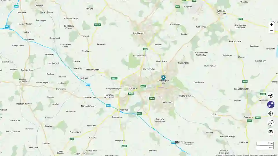 Map showing towns and roads around Leamington Spa