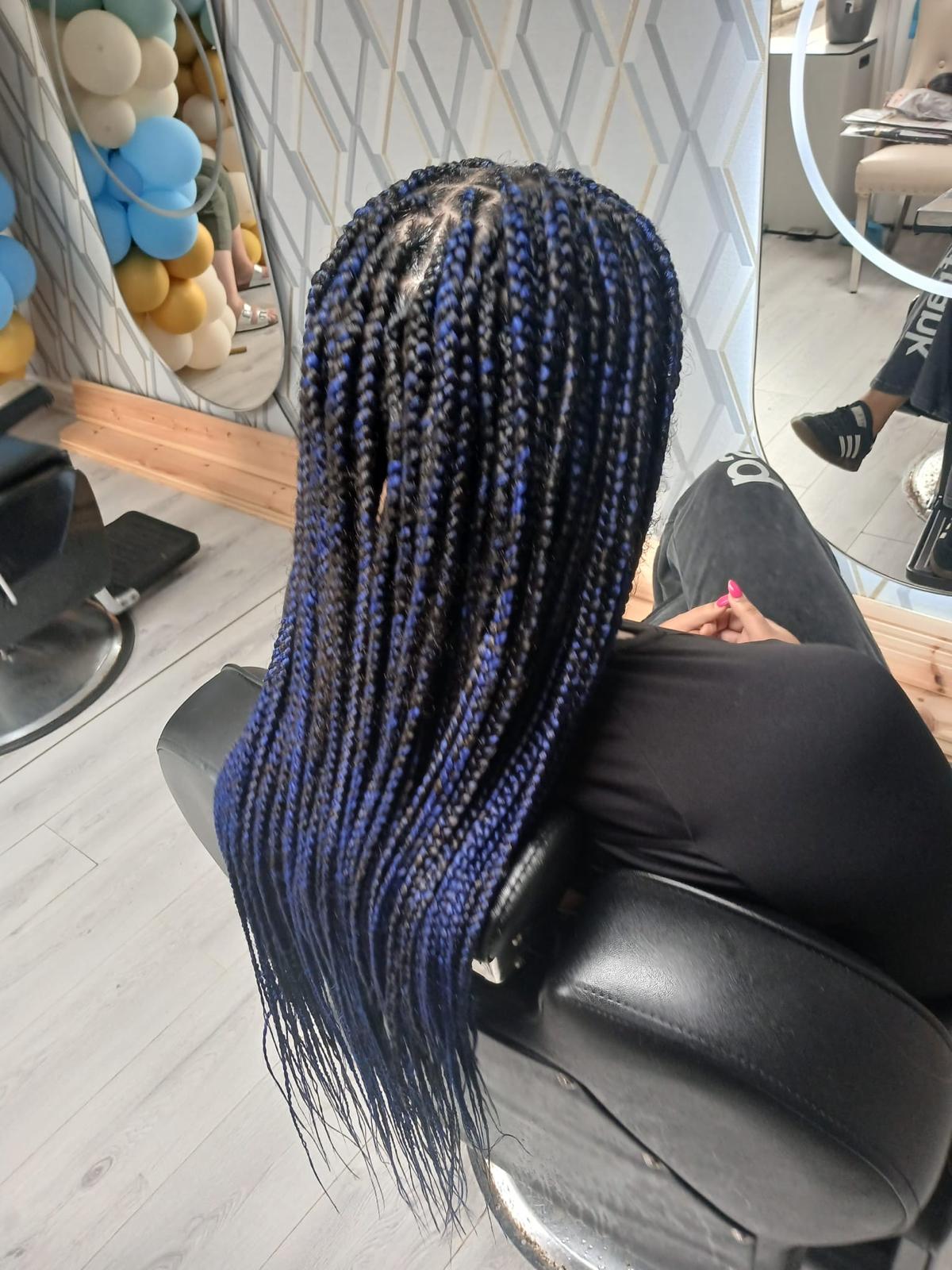 Long blue and black braids shown from the back