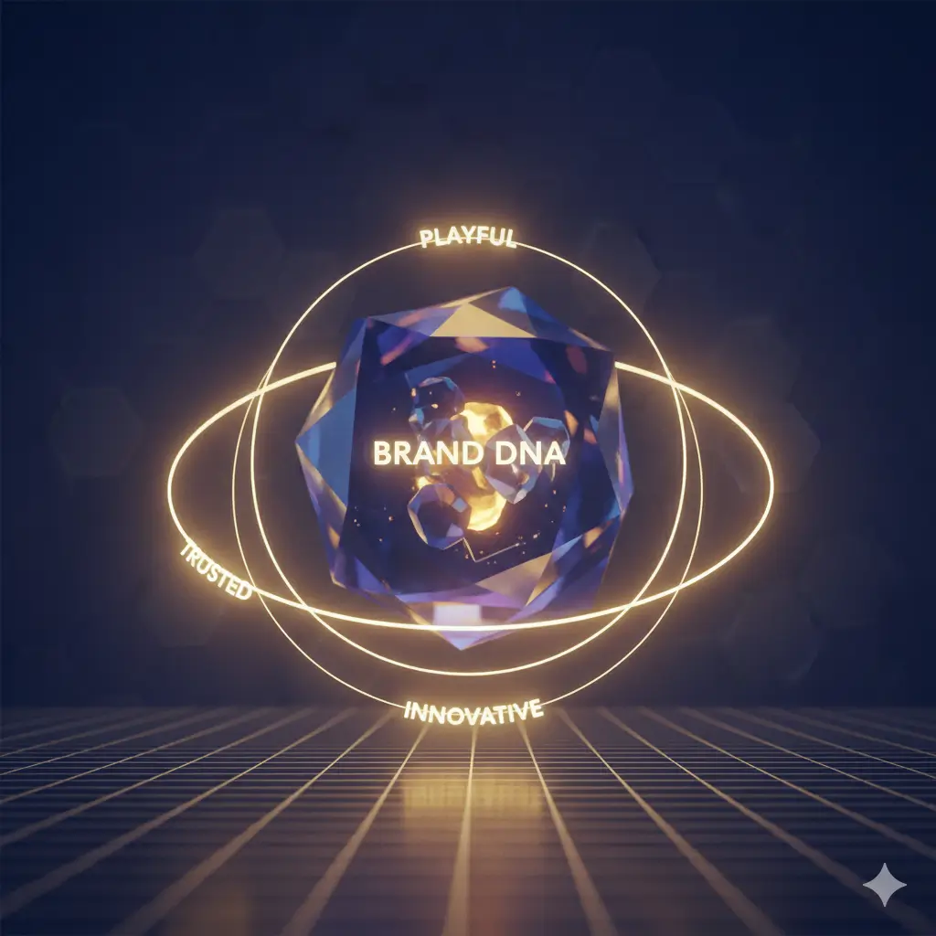 Glowing faceted crystal labeled "BRAND DNA" floats above a grid, encircled by illuminated rings with words: PLAYFUL, TRUSTED, INNOVATIVE.