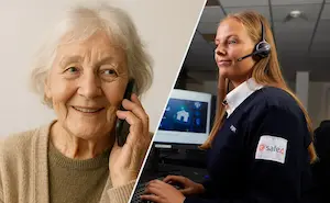 En eldre dame i telefon med alarmstasjon