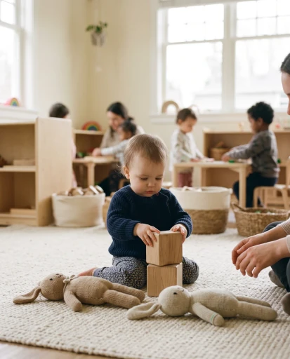 A one-year-old in a navy jumper stacking wooden blocks on a cream rug