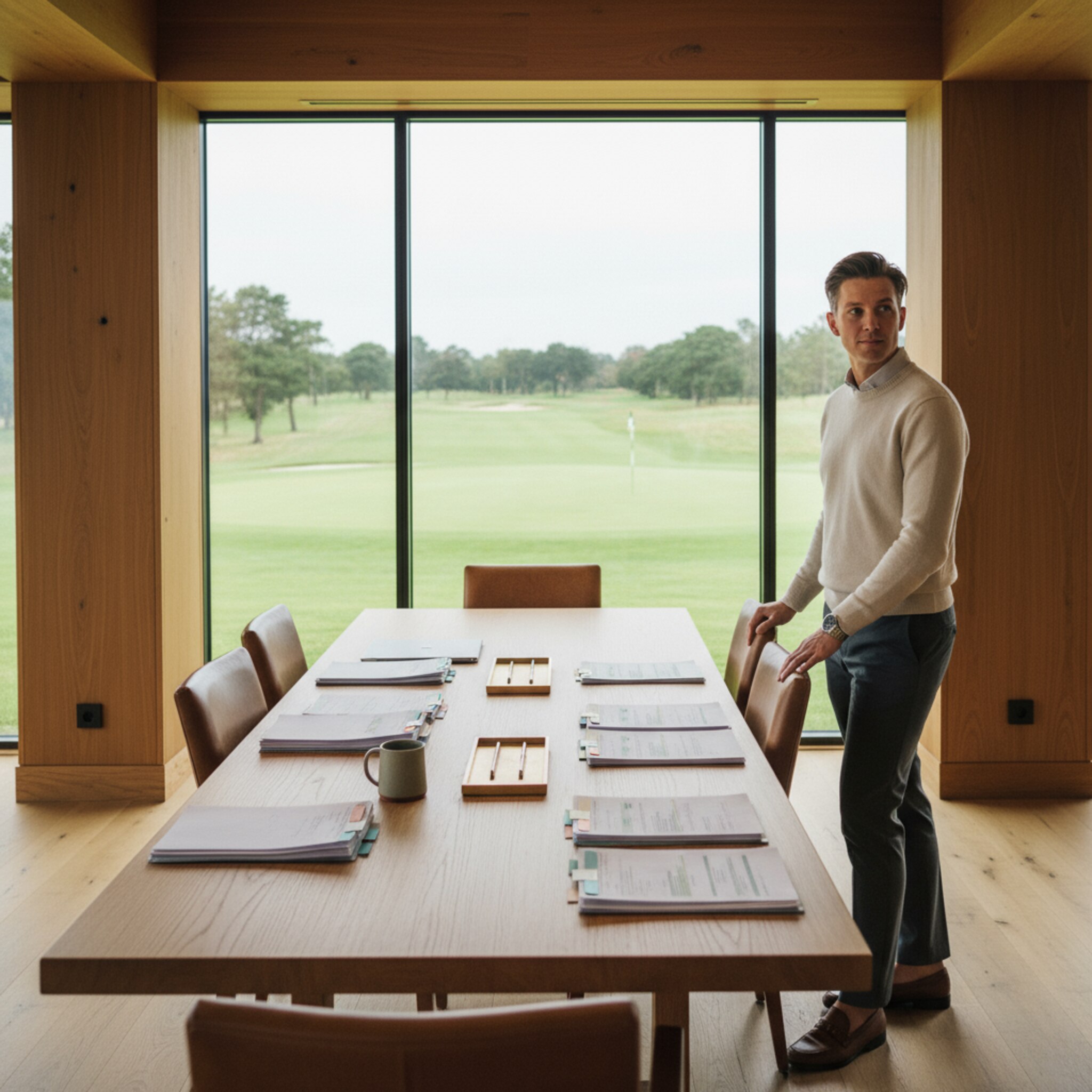 Im Clubhaus liegen sauber sortierte Unterlagen auf einem Holztisch, der Blick schweift durch große Fenster über die Bahn. Ein ruhiger Moment zwischen Spielbetrieb und Organisation vermittelt Überblick, Ordnung und Verlässlichkeit.