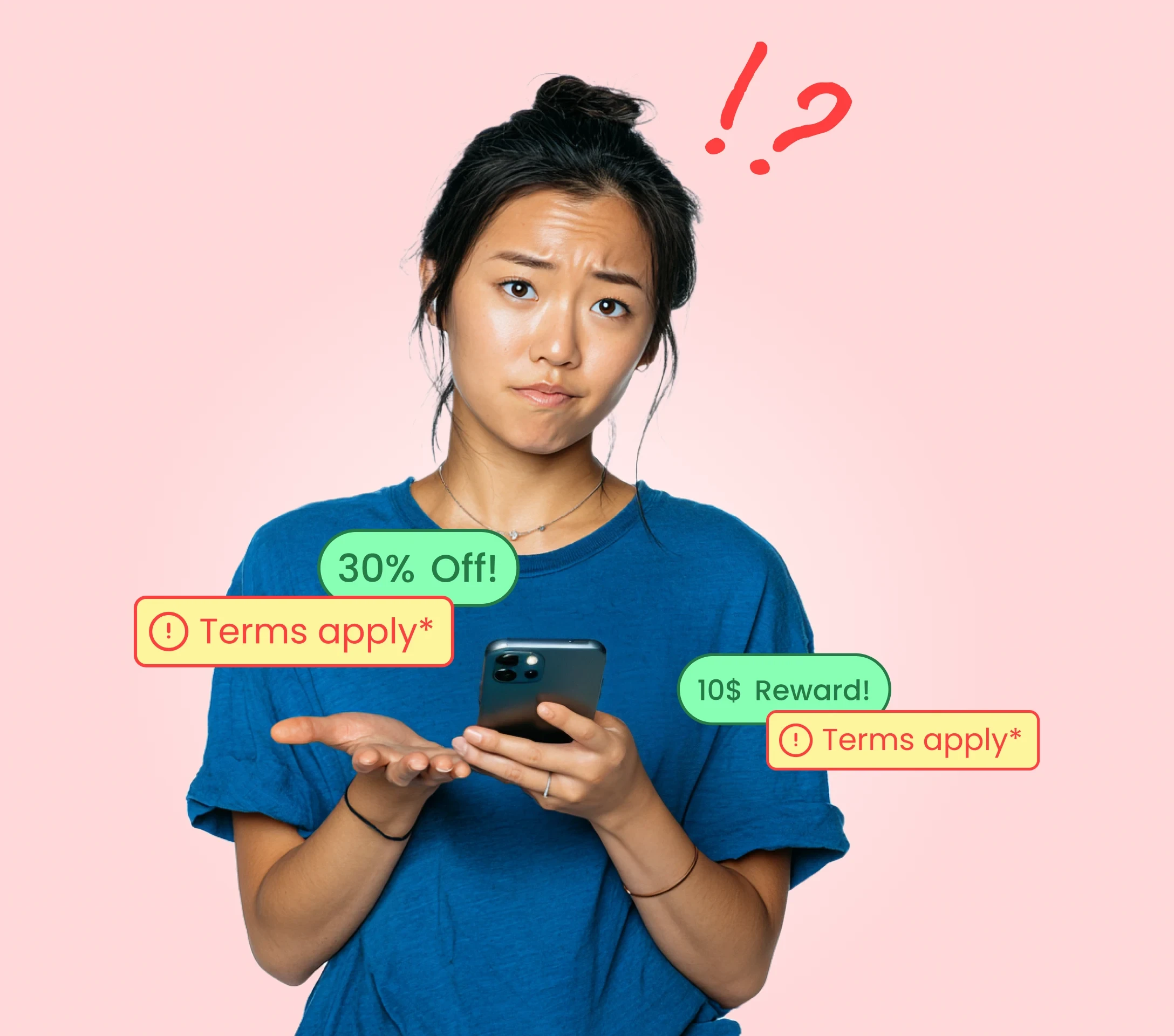 UX case study visual showing a confused woman holding her phone as unclear reward labels like ‘10$ Reward!’ and ‘Terms apply*’ surround her, illustrating user frustration with Super.com’s reward system.