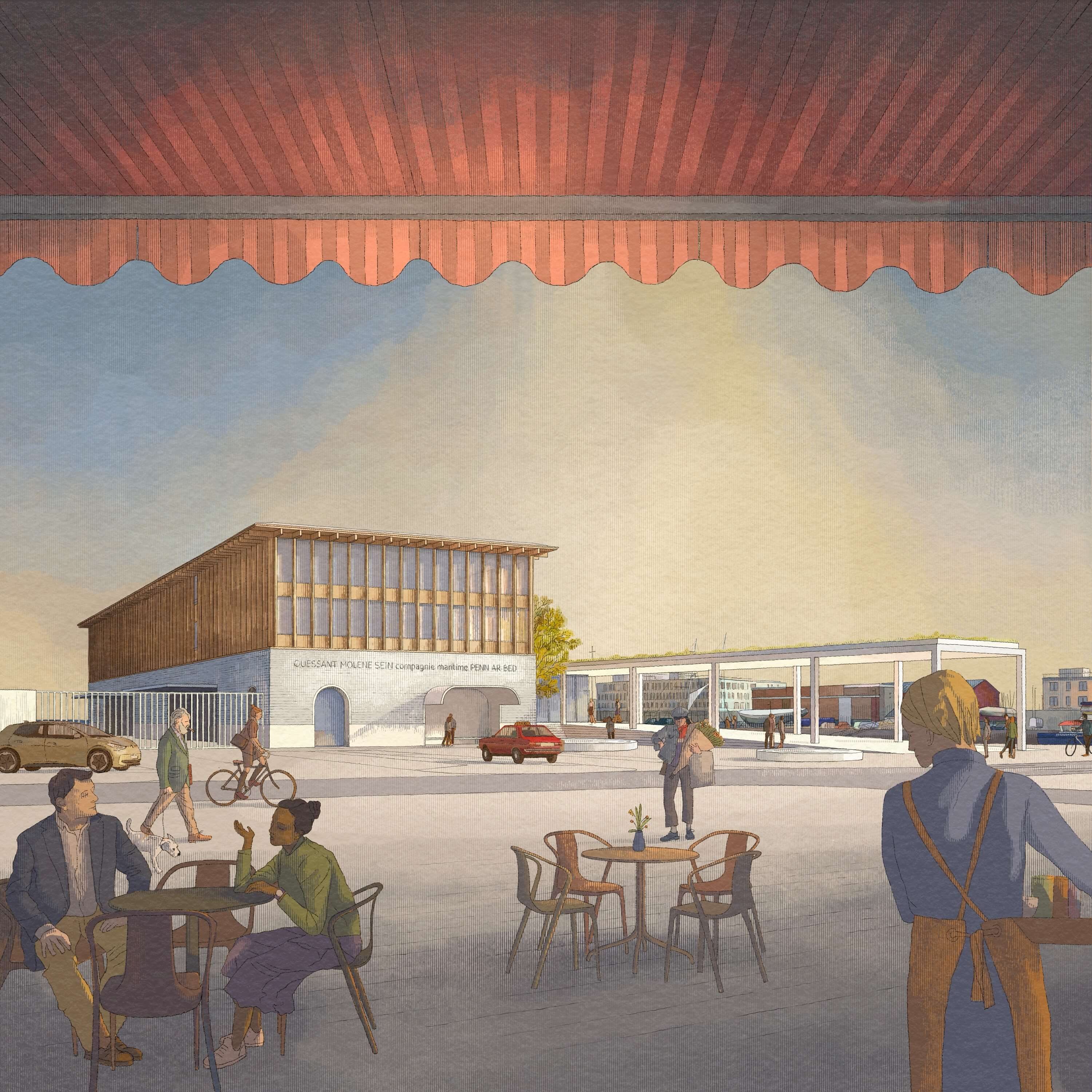 A lively outdoor scene features people sitting at tables near a modern building under a colorful sky.