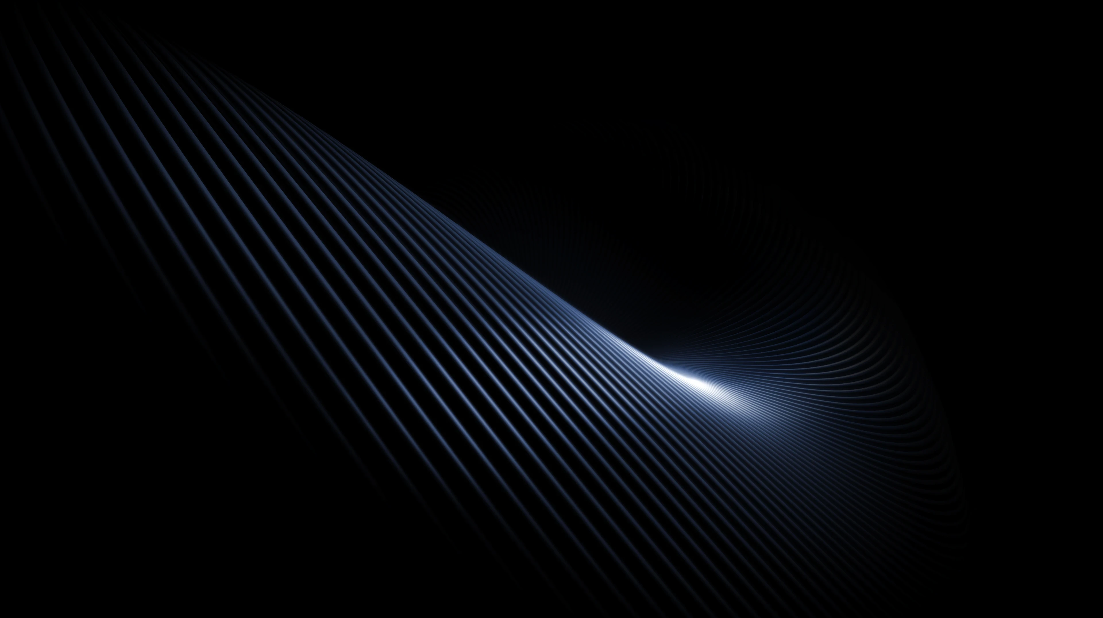 어두운 배경 위에 빛의 흐름처럼 곡선으로 이어진 추상적인 라인 그래픽