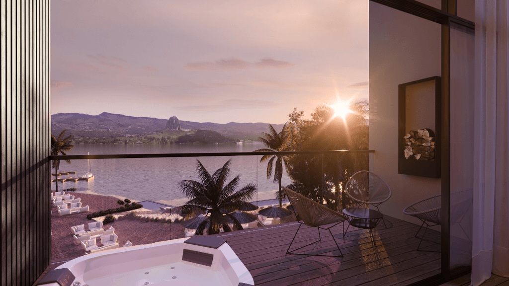 render del deck de cottage de Yuniko con vista a Piedra de El Peñol