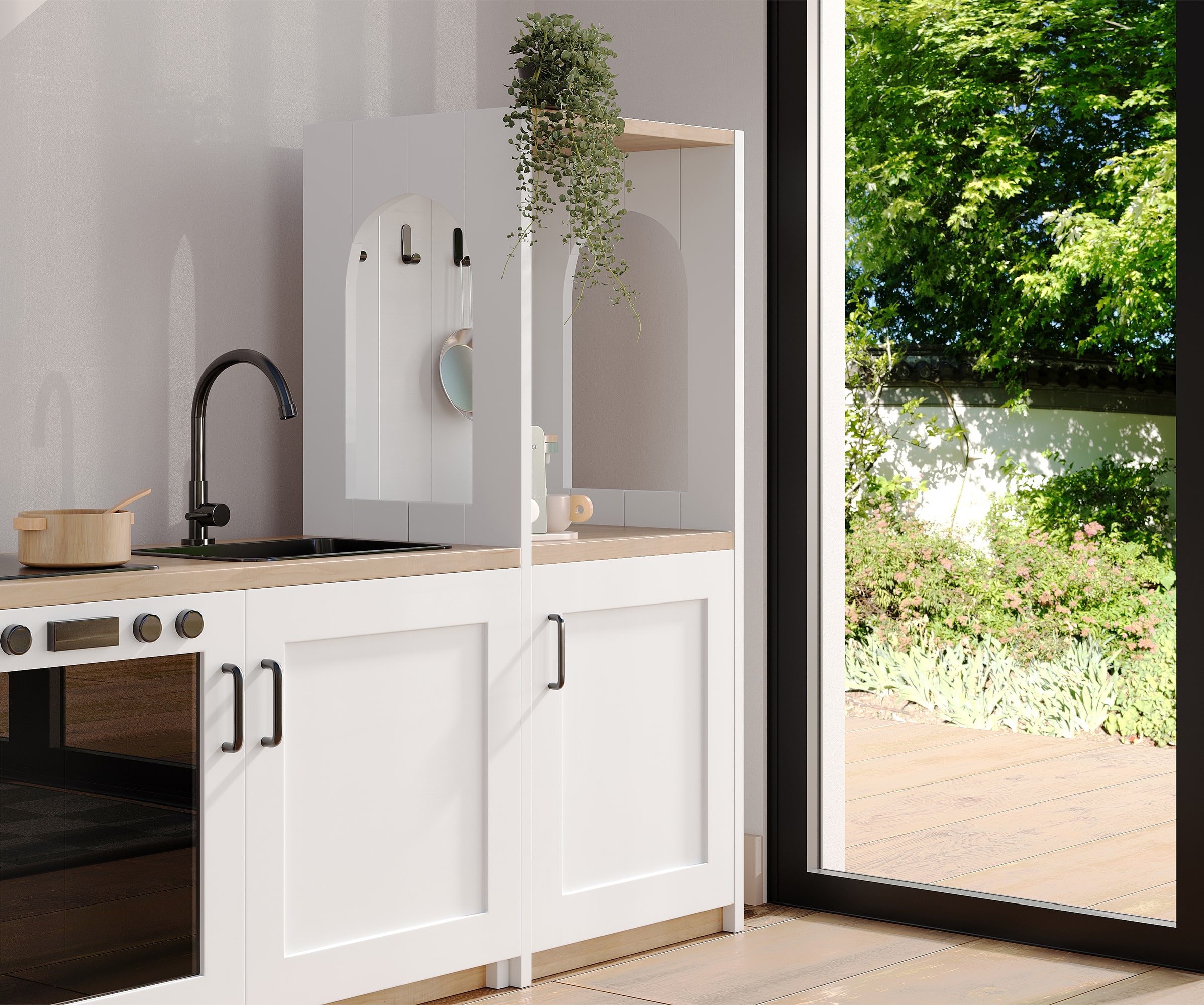 Modern kitchen setup with white cabinets, sink, and minimalist decor