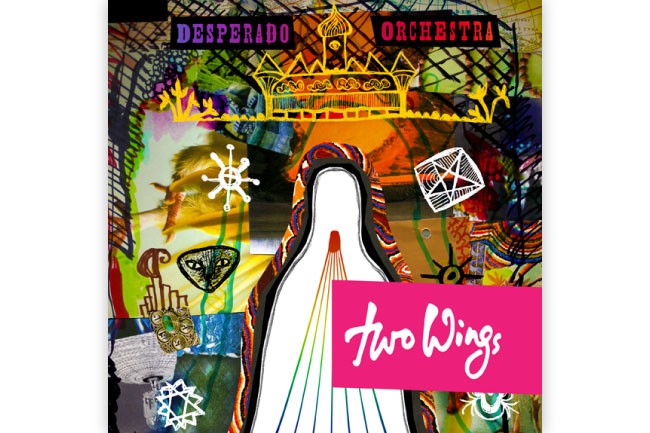 The album cover for "Two Wings" by Desperado Orchestra features a white silhouette of a figure in a robe against a vibrant, multicolored background. A yellow crown is positioned above the figure, and a pink banner displays the band name. The background includes abstract shapes and patterns in shades of green, yellow, orange, and blue. The album title "Two Wings" is written in white cursive script on a pink rectangular area.