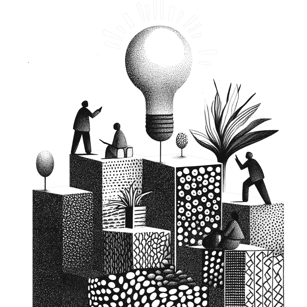 Illustration en noir et blanc d'une ampoule brillante au-dessus de personnes sur des blocs texturés, symbolisant l'idée.
