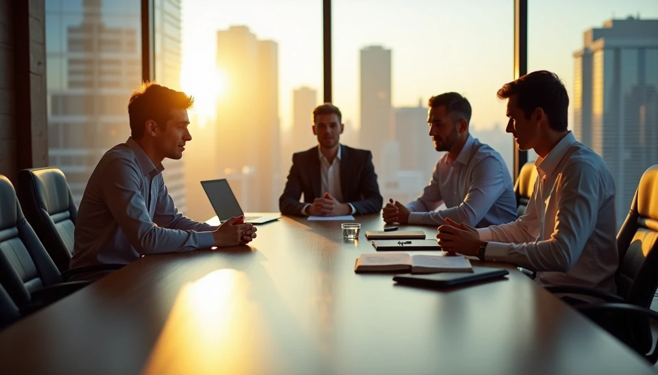 Vier Fachleute führen eine ernsthafte Diskussion an einem Konferenztisch, im Hintergrund Stadtpanorama und Sonnenuntergang.